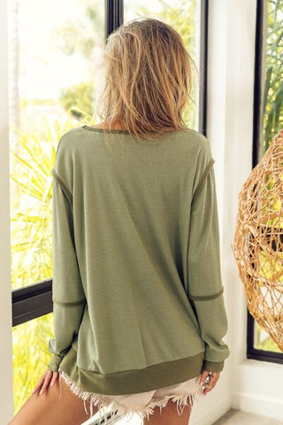 Shop BiBi Waffle Knit Contrast Trim Long Sleeve T-Shirt Now On Klozey Store - Trendy U.S. Premium Women Apparel & Accessories And Be Up-To-Fashion!