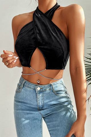 Shop Chain Detail Halter Neck Velvet Cropped Top Now On Klozey Store - Trendy U.S. Premium Women Apparel & Accessories And Be Up-To-Fashion!