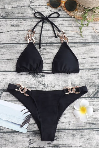 Shop Chain Detail Tied Halter Neck Bikini Set Now On Klozey Store - Trendy U.S. Premium Women Apparel & Accessories And Be Up-To-Fashion!
