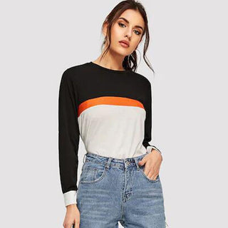 Shop Color Block Round Neck Long Sleeve Tee Now On Klozey Store - Trendy U.S. Premium Women Apparel & Accessories And Be Up-To-Fashion!