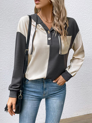 Shop Contrast Color Button-Up Raglan Sleeve Hoodie Now On Klozey Store - Trendy U.S. Premium Women Apparel & Accessories And Be Up-To-Fashion!