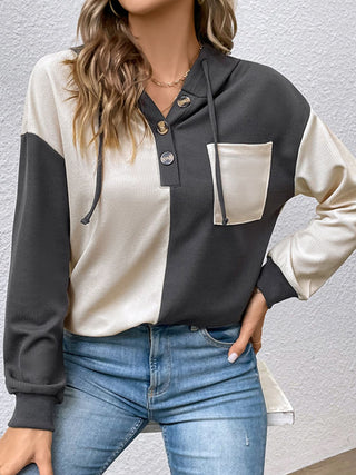 Shop Contrast Color Button-Up Raglan Sleeve Hoodie Now On Klozey Store - Trendy U.S. Premium Women Apparel & Accessories And Be Up-To-Fashion!