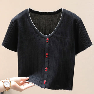 Shop Contrast Decorative Button Short Sleeve Knit Top Now On Klozey Store - Trendy U.S. Premium Women Apparel & Accessories And Be Up-To-Fashion!