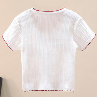 Shop Contrast Decorative Button Short Sleeve Knit Top Now On Klozey Store - Trendy U.S. Premium Women Apparel & Accessories And Be Up-To-Fashion!