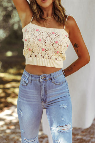 Shop Contrast Flower Detail Tie-Shoulder Knit Crop Top Now On Klozey Store - U.S. Fashion And Be Up-To-Fashion!