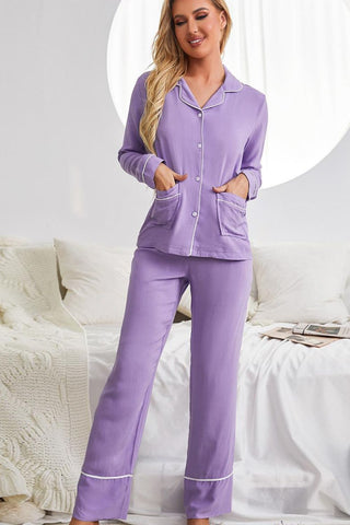 Shop Contrast Lapel Collar Shirt and Pants Pajama Set with Pockets Now On Klozey Store - Trendy U.S. Premium Women Apparel & Accessories And Be Up-To-Fashion!