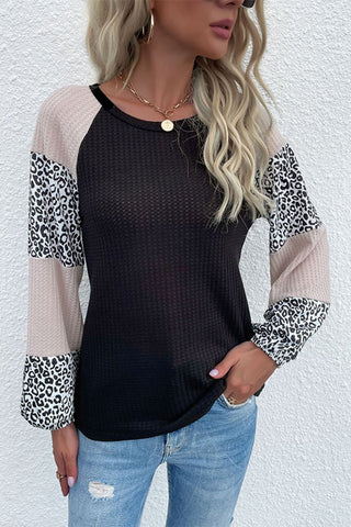 Shop Contrast Leopard Print Waffle Knit Tee Now On Klozey Store - U.S. Fashion And Be Up-To-Fashion!