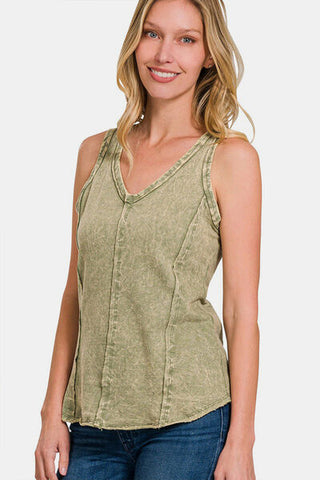Shop Zenana Exposed Seam V-Neck Wide Strap Tank Now On Klozey Store - Trendy U.S. Premium Women Apparel & Accessories And Be Up-To-Fashion!
