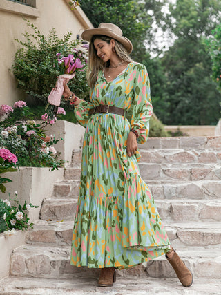 Shop Printed Tie Neck Long Sleeve Maxi Dress Now On Klozey Store - Trendy U.S. Premium Women Apparel & Accessories And Be Up-To-Fashion!