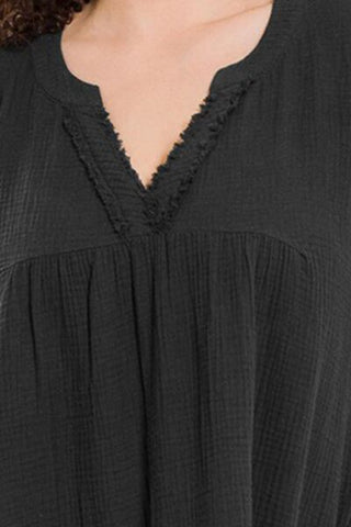 Shop Zenana Full Size Raw Hem Notched Short Sleeve Mini Dress Now On Klozey Store - Trendy U.S. Premium Women Apparel & Accessories And Be Up-To-Fashion!