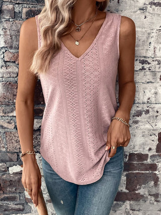 Shop Eyelet V-Neck Curved Hem Tank Now On Klozey Store - Trendy U.S. Premium Women Apparel & Accessories And Be Up-To-Fashion!