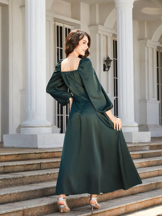 Shop Square Neck Puff Sleeve High Slit Maxi Dress Now On Klozey Store - Trendy U.S. Premium Women Apparel & Accessories And Be Up-To-Fashion!