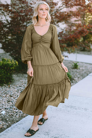 Shop Ruched V-Neck Balloon Sleeve Tiered Dress Now On Klozey Store - Trendy U.S. Premium Women Apparel & Accessories And Be Up-To-Fashion!