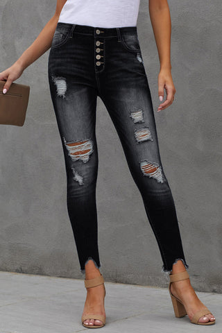 Shop Baeful Button Fly Hem Detail Ankle-Length Skinny Jeans Now On Klozey Store - Trendy U.S. Premium Women Apparel & Accessories And Be Up-To-Fashion!