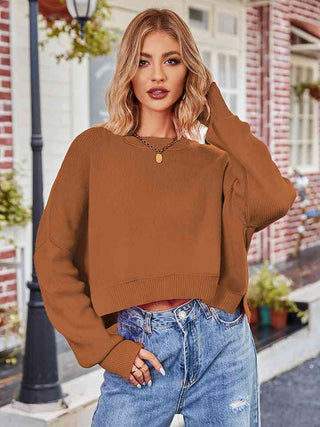 Shop Dropped Shoulder Round Neck Long Sleeve Knit Top Now On Klozey Store - Trendy U.S. Premium Women Apparel & Accessories And Be Up-To-Fashion!