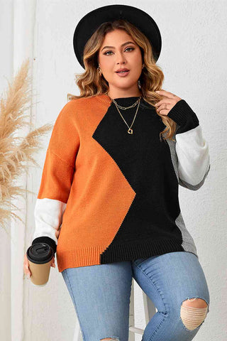 Shop Plus Size Color Block Round Neck Knit Top Now On Klozey Store - Trendy U.S. Premium Women Apparel & Accessories And Be Up-To-Fashion!