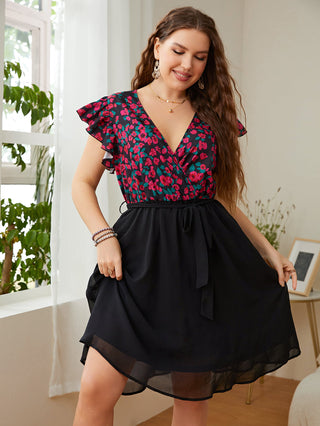 Shop Plus Size Floral Surplice Neck Flutter Sleeve Dress Now On Klozey Store - Trendy U.S. Premium Women Apparel & Accessories And Be Up-To-Fashion!