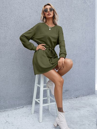 Shop Drawstring Round Neck Dropped Shoulder Mini Dress Now On Klozey Store - Trendy U.S. Premium Women Apparel & Accessories And Be Up-To-Fashion!