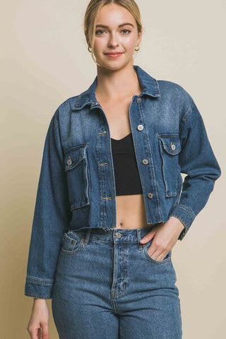 Shop LOVE TREE Raw Hem Button Up Cropped Denim Jacket Now On Klozey Store - Trendy U.S. Premium Women Apparel & Accessories And Be Up-To-Fashion!