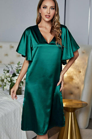 Shop Satin Flutter Sleeve Side Slit V-Neck Night Dress Now On Klozey Store - Trendy U.S. Premium Women Apparel & Accessories And Be Up-To-Fashion!