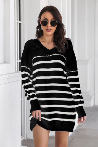 Shop Striped V-Neck Drop Shulder Sweater Dress Now On Klozey Store - Trendy U.S. Premium Women Apparel & Accessories And Be Up-To-Fashion!