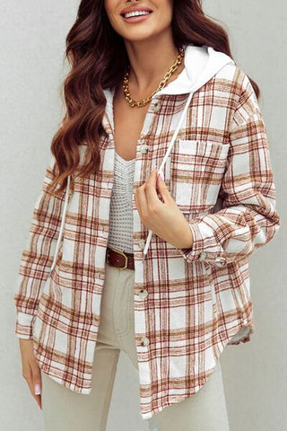 Shop Plaid Drawstring Button Up Long Sleeve Hooded Jacket Now On Klozey Store - Trendy U.S. Premium Women Apparel & Accessories And Be Up-To-Fashion!