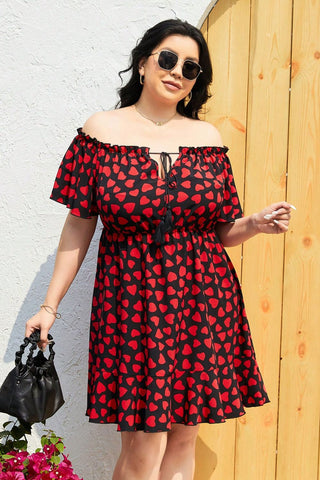 Shop Plus Size Heart Print Off-Shoulder Tied Dress Now On Klozey Store - U.S. Fashion And Be Up-To-Fashion!