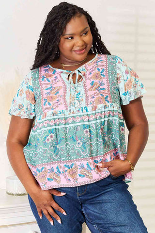Shop Double Take Floral Tie Neck Short Sleeve Blouse Now On Klozey Store - Trendy U.S. Premium Women Apparel & Accessories And Be Up-To-Fashion!