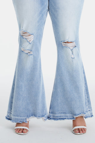 Shop BAYEAS Full Size Distressed Raw Hem High Waist Flare Jeans Now On Klozey Store - Trendy U.S. Premium Women Apparel & Accessories And Be Up-To-Fashion!
