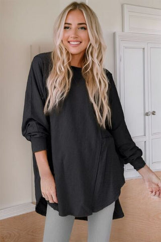 Shop Contrast Texture Round Neck Long Sleeve Blouse Now On Klozey Store - Trendy U.S. Premium Women Apparel & Accessories And Be Up-To-Fashion!