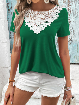 Shop Spliced Lace Contrast Short Sleeve Top Now On Klozey Store - U.S. Fashion And Be Up-To-Fashion!