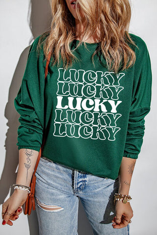 Shop LUCKY Round Neck Dropped Shoulder Sweatshirt Now On Klozey Store - Trendy U.S. Premium Women Apparel & Accessories And Be Up-To-Fashion!