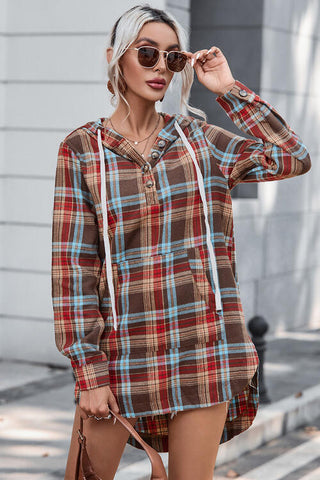Shop Plaid Drawstring Long Sleeve Hooded Dress with Pocket Now On Klozey Store - Trendy U.S. Premium Women Apparel & Accessories And Be Up-To-Fashion!