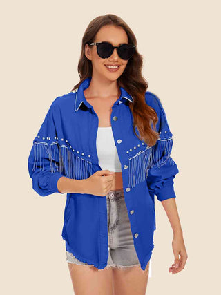 Shop Raw Hem Fringe Detail Denim Jacket Now On Klozey Store - Trendy U.S. Premium Women Apparel & Accessories And Be Up-To-Fashion!