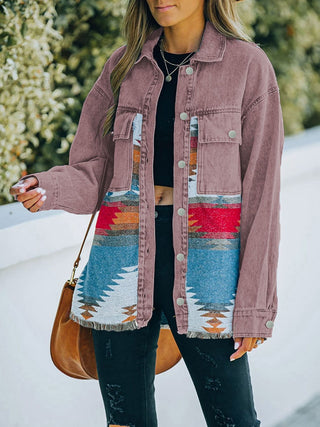 Shop Dropped Shoulder Long Sleeve Printed Denim Jacket Now On Klozey Store - Trendy U.S. Premium Women Apparel & Accessories And Be Up-To-Fashion!