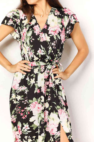 Shop Double Take Floral Flutter Sleeve Tie-Waist Split Dress Now On Klozey Store - Trendy U.S. Premium Women Apparel & Accessories And Be Up-To-Fashion!