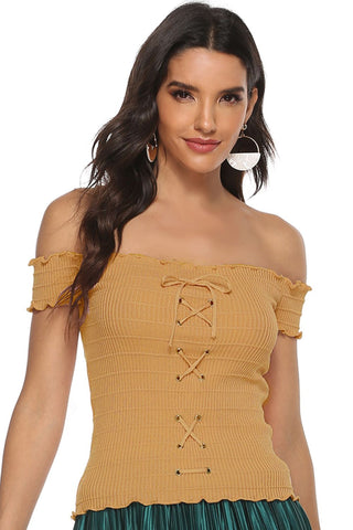 Shop Lace-Up Front Lettuce Hem Off-Shoulder Knit Top Now On Klozey Store - Trendy U.S. Premium Women Apparel & Accessories And Be Up-To-Fashion!