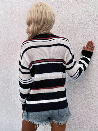 Shop Striped Drop Shoulder Round Neck Pullover Sweater Now On Klozey Store - U.S. Fashion And Be Up-To-Fashion!