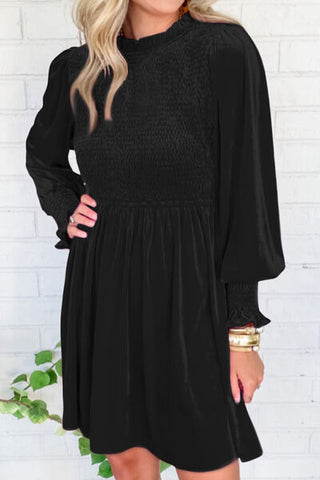 Shop Smocked Round Neck Long Sleeve Dress Now On Klozey Store - Trendy U.S. Premium Women Apparel & Accessories And Be Up-To-Fashion!