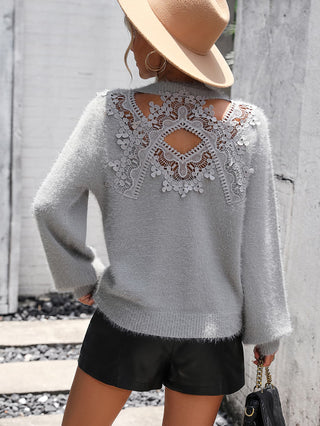 Shop Lace Detail Cutout Long Sleeve Pullover Sweater Now On Klozey Store - Trendy U.S. Premium Women Apparel & Accessories And Be Up-To-Fashion!