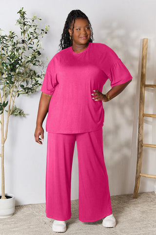Shop Double Take Full Size Round Neck Slit Top and Pants Set Now On Klozey Store - Trendy U.S. Premium Women Apparel & Accessories And Be Up-To-Fashion!