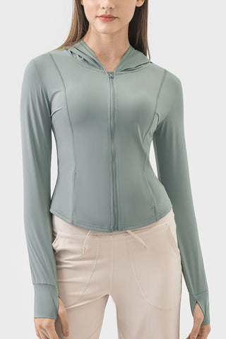 Shop Pocketed Zip Up Hooded Long Sleeve Active Outerwear Now On Klozey Store - Trendy U.S. Premium Women Apparel & Accessories And Be Up-To-Fashion!