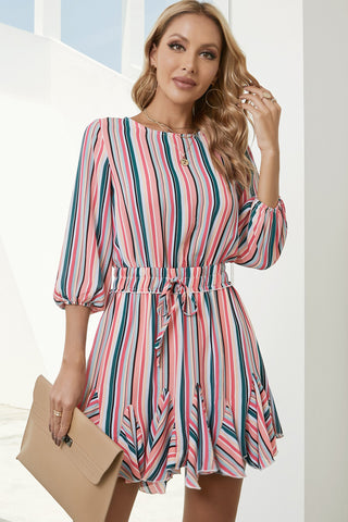 Shop Striped Drawstring Waist Three-Quarter Sleeve Mini Dress Now On Klozey Store - U.S. Fashion And Be Up-To-Fashion!