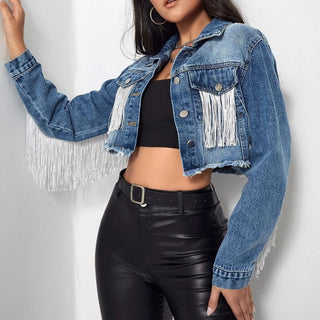 Shop Fringe Detail Long Sleeve Cropped Denim Jacket Now On Klozey Store - Trendy U.S. Premium Women Apparel & Accessories And Be Up-To-Fashion!