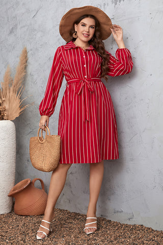 Shop Plus Size Striped Tie Waist Shirt Dress Now On Klozey Store - Trendy U.S. Premium Women Apparel & Accessories And Be Up-To-Fashion!