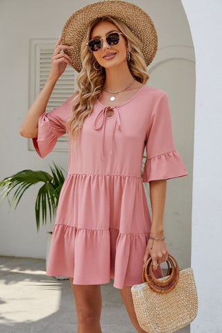Shop Tied Flounce Sleeve Mini Dress Now On Klozey Store - Trendy U.S. Premium Women Apparel & Accessories And Be Up-To-Fashion!