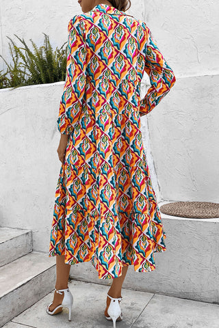 Shop Printed Collared Neck Long Sleeve Dress Now On Klozey Store - Trendy U.S. Premium Women Apparel & Accessories And Be Up-To-Fashion!