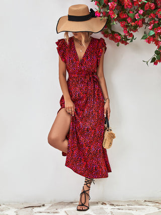 Shop Printed Surplice Neck Flutter Sleeve Slit Dress Now On Klozey Store - U.S. Fashion And Be Up-To-Fashion!