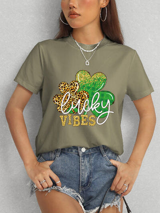 Shop LUCKY VIBES Round Neck Short Sleeve T-Shirt Now On Klozey Store - Trendy U.S. Premium Women Apparel & Accessories And Be Up-To-Fashion!
