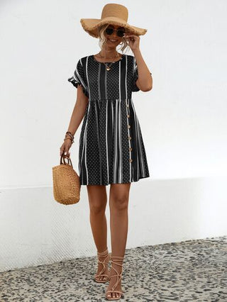 Shop Striped Polka Dot Frill Short Sleeve Mini Dress Now On Klozey Store - Trendy U.S. Premium Women Apparel & Accessories And Be Up-To-Fashion!